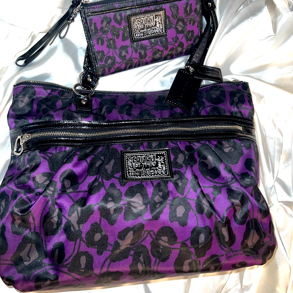 Coach Poppy Collection Purple Leopard Print Purse & Clutch